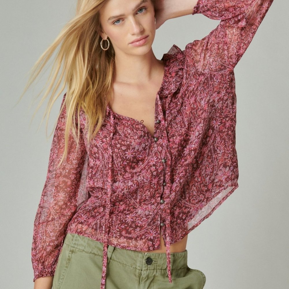 Lucky Brand Wine Printed Chiffon Blouse/NWT/Small